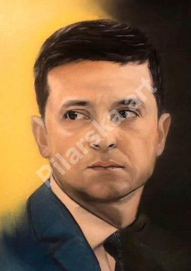 Portret olejny Prezydenta Ukrainy Wołodymyra Zełenskiego wykonany na zamówienie ze zdjęcia